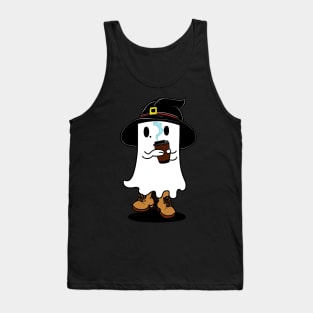 cute Ghost with witch hat drinking coffee Tank Top